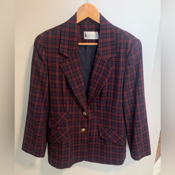 Vintage Karolyne Petite Red & Navy Plaid Blazer, Gold Buttons, Size Small - Picture 5 of 9